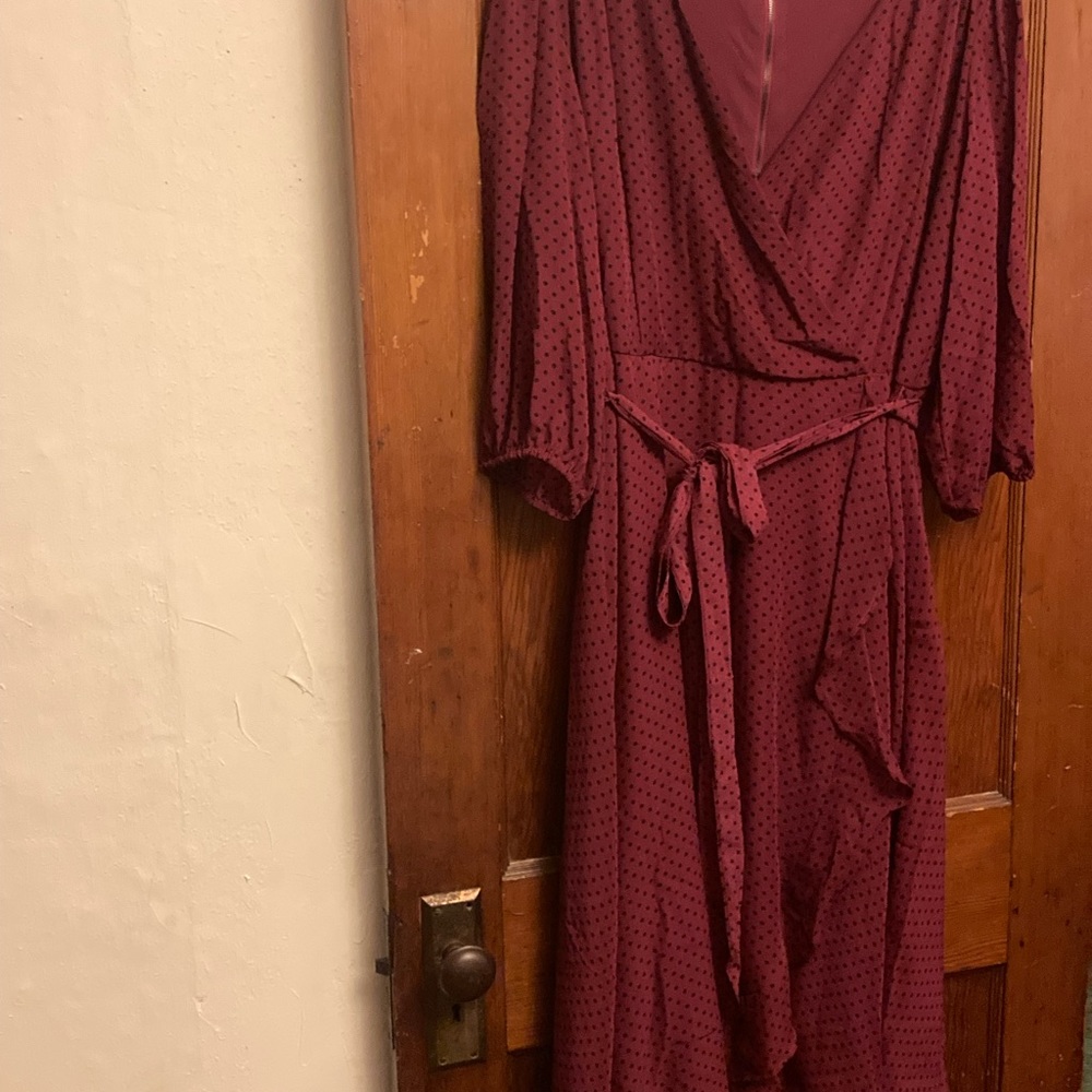Burgundy and black polka dot faux wrap dress